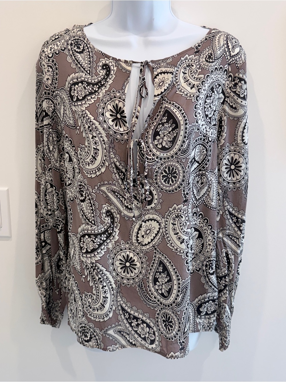 Theory Taupe Paisley Tie-Neck Blouse